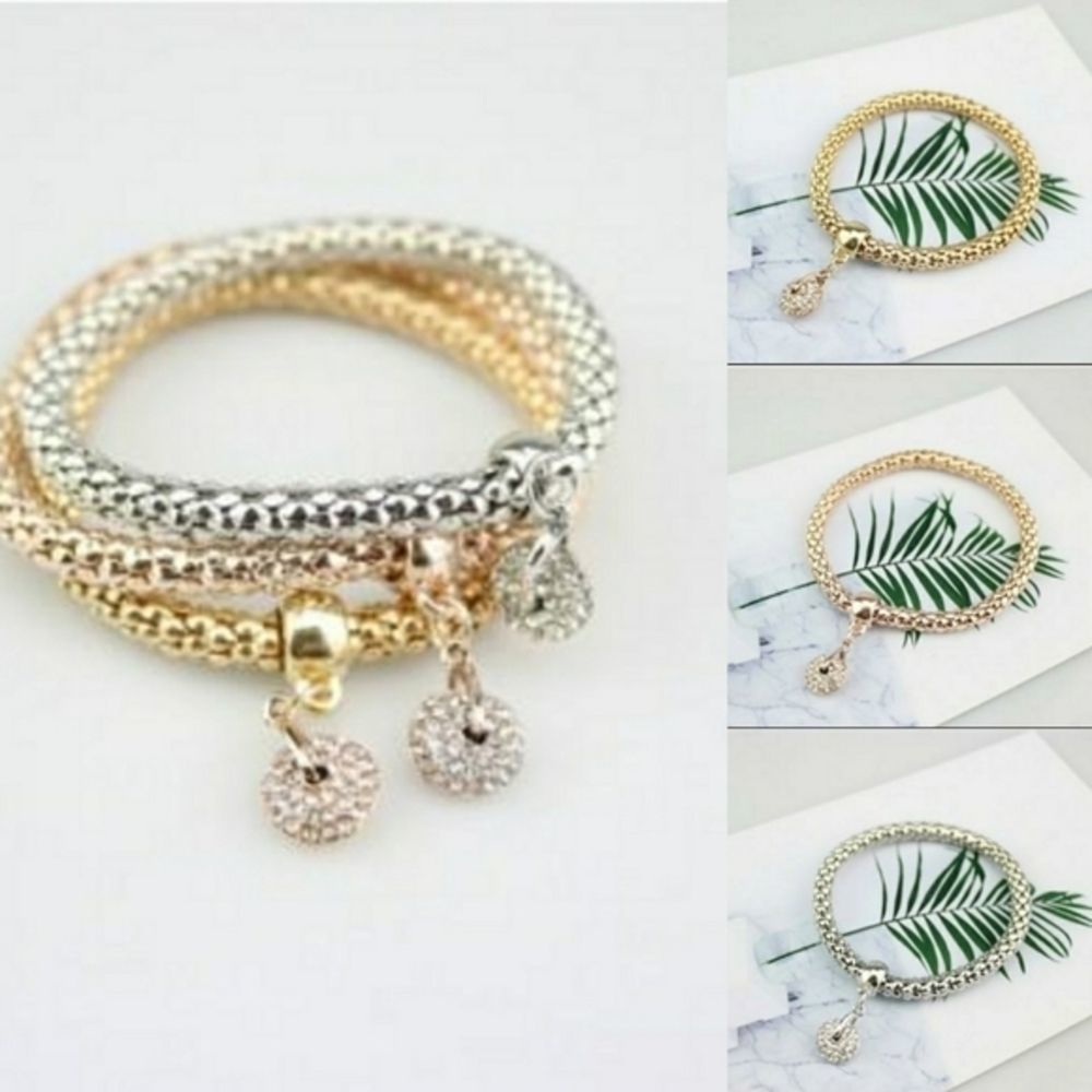 Chain Weave Rhinestone Charm Bracelet Trio New